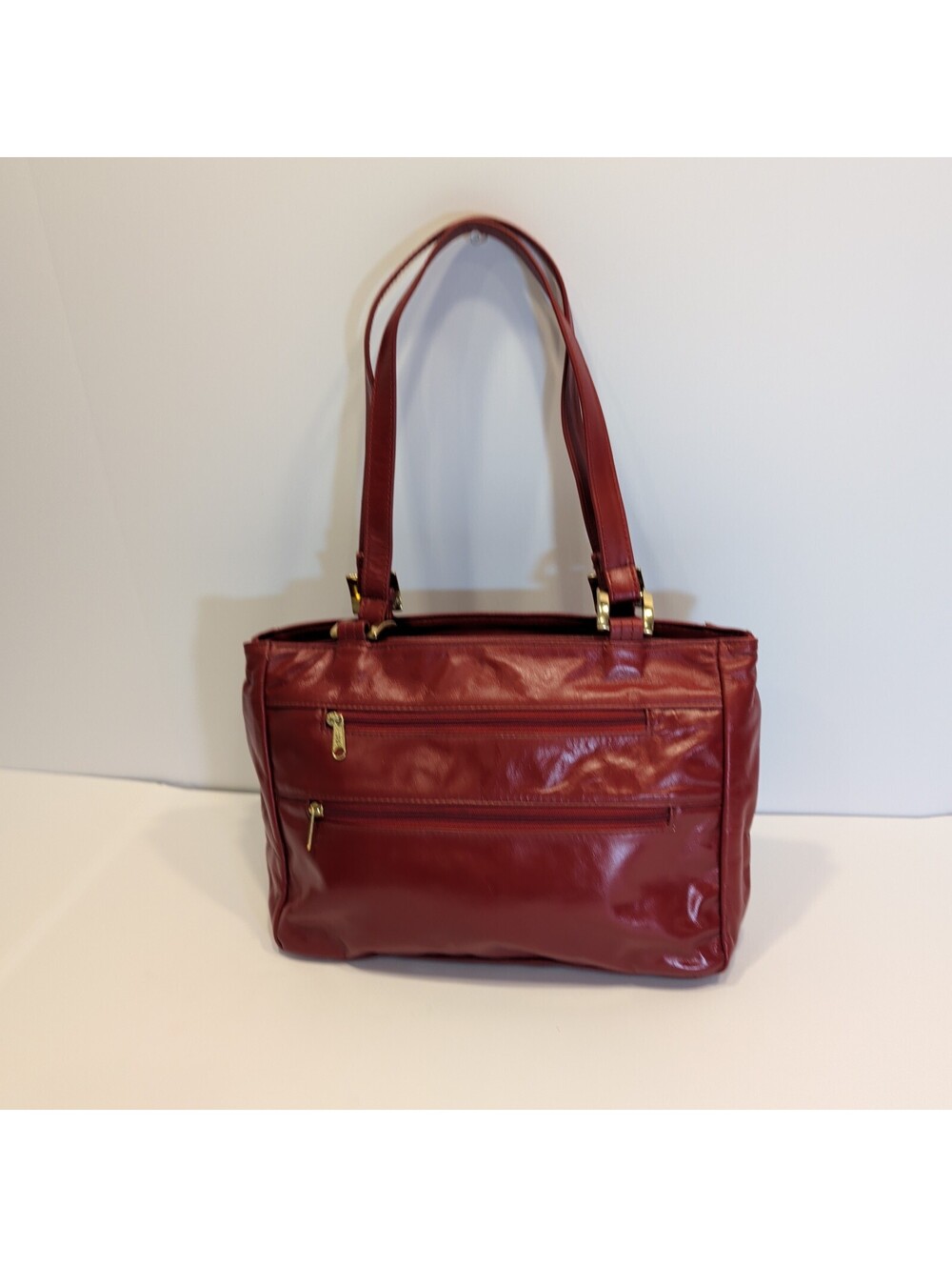 SAS Red Leather Double Zip Shoulder Bag with Gold Hardware